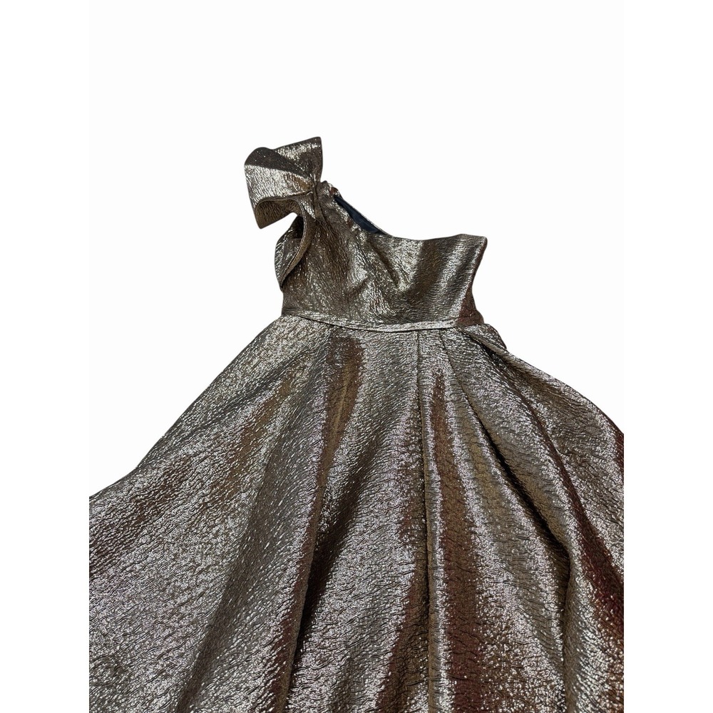 $498 Mac Duggal 67906 Bronze Metallic One Shoulder Bow Tea Midi Dress Size 8 - Picture 5 of 12